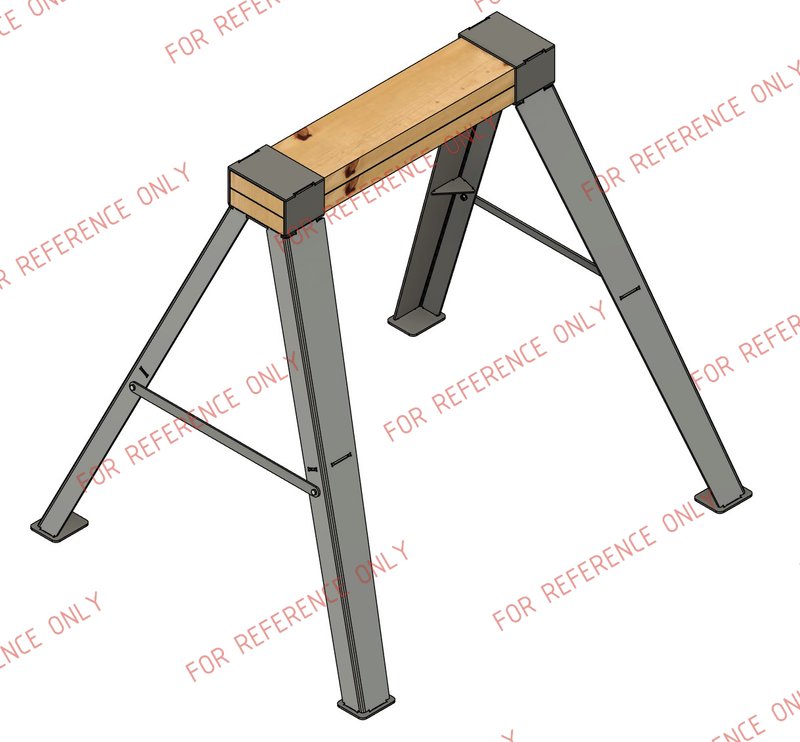 CAD model of a flat-pack steel sawhorse with tab-and-slot joints