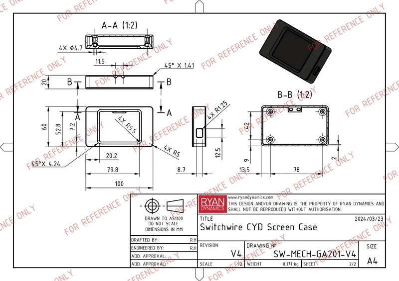Technical drawing for a 3D-printed display enclosure
