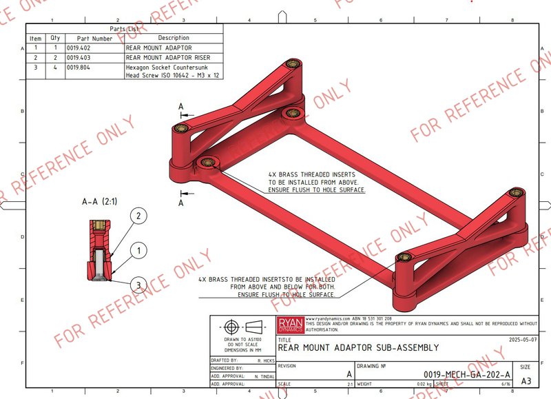 Technical drawing for a multipart 3D-printed mounting adaptor