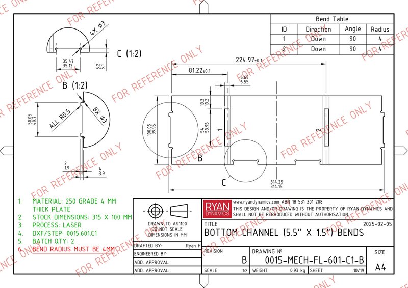 Weldment leg drawing with flat-pattern and fabrication detail