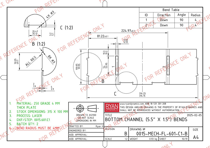 Weldment leg drawing with flat-pattern and fabrication detail
