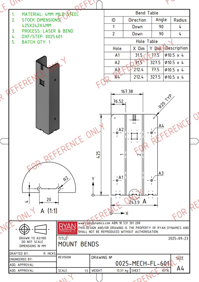 Sheet-metal flat-pattern drawing with dimensions and bend information