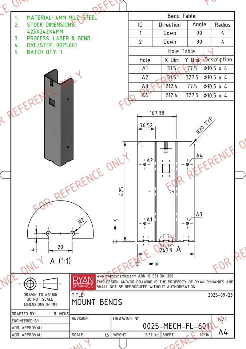 Sheet-metal flat-pattern drawing with dimensions and bend information