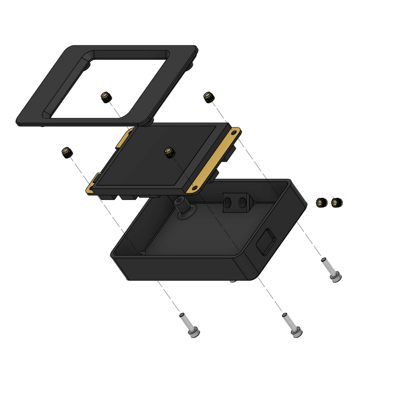 Exploded CAD render of a CYD screen enclosure, display board and fasteners