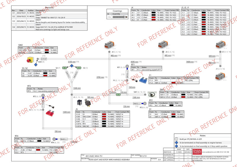 Prototype wiring harness drawing with connectors, wire details and pinout information