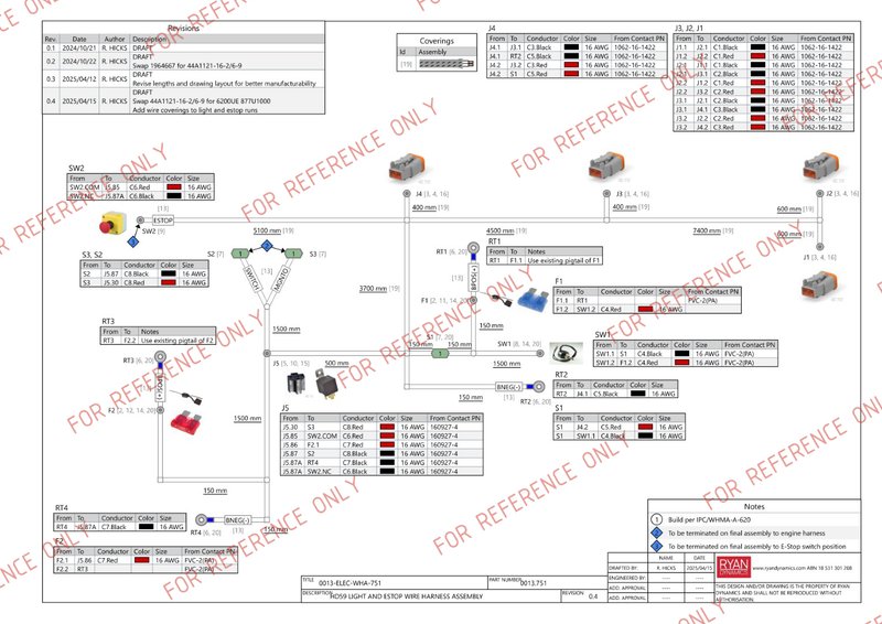 Prototype wiring harness drawing with connectors, wire details and pinout information